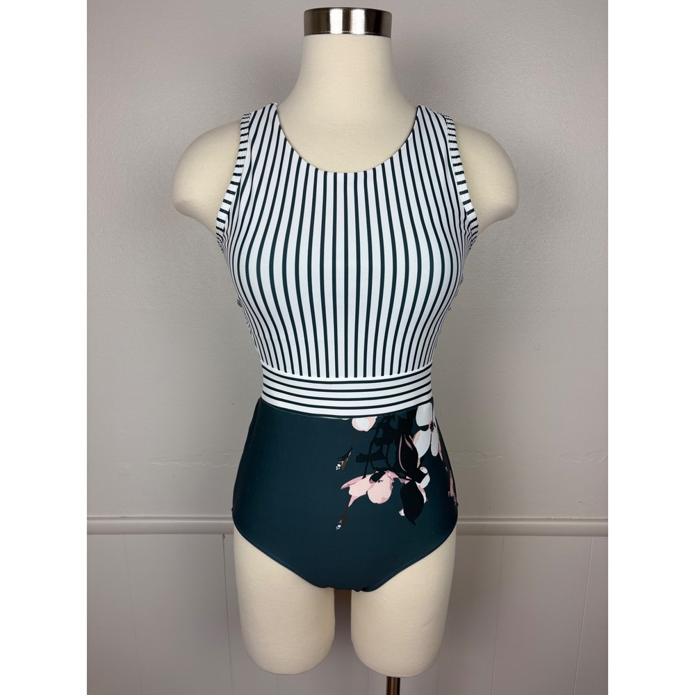 Albion Bon Voyage One‎ Piece Swimsuit Size M Green Floral Stripes Racerback Zip